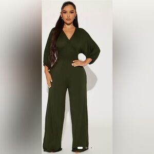V-Neck Olive Green & Black Smocked Waist Jumpsuits